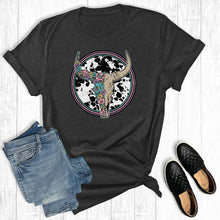 Load image into Gallery viewer, Western Cow Print Floral Cowskull Graphic Tee