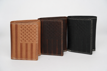 Load image into Gallery viewer, American Bison Leather Trifold Wallet | Flag Emboss AB 2011: Black