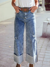Load image into Gallery viewer, Mineral Wash Bottom Cuff Distressed Wide Leg Jeans

