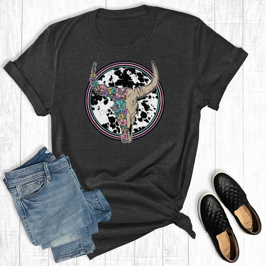 Western Cow Print Floral Cowskull Graphic Tee