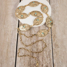 Load image into Gallery viewer, Turquoise Stud Bull Head Concho Chain Belt
